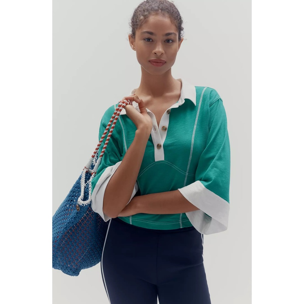 Pilcro Corset Inspired 3/4 Sleeve Polo Shirt Women M Green Anthropologie